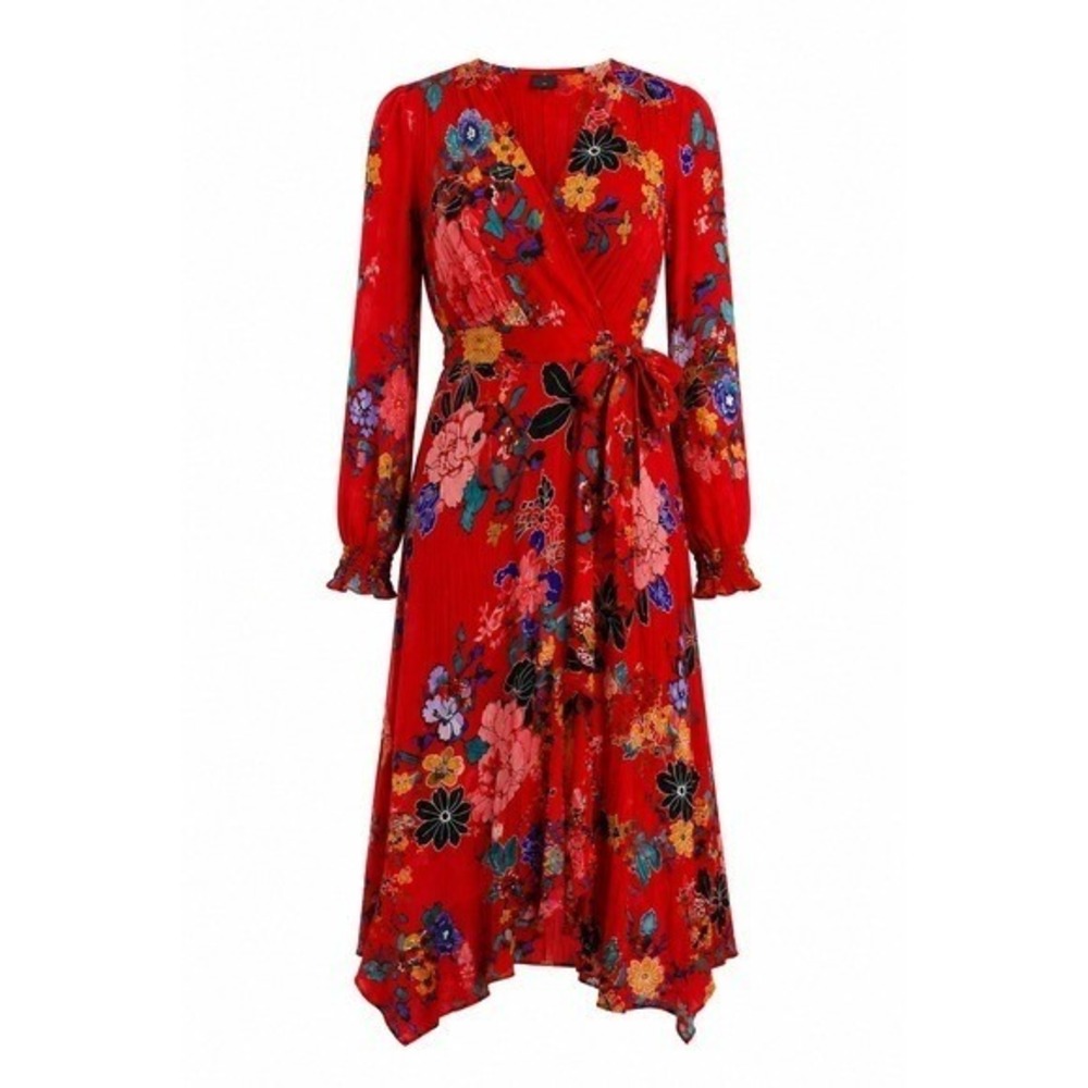 Anthropologie Red Floral Pleated Wrap Midi Dress Long Sleeve V-Neck Size 2‎